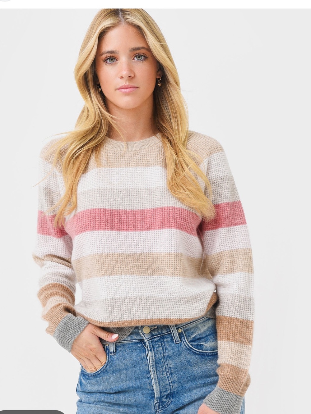 WHITE + WARREN Women's Cashmere Striped Waffle Sweater